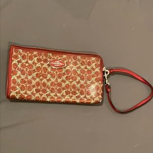COACH Authentic Mini Skinny Red Coated Canvas Signature C Wallet Key Chain NWT
